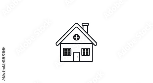 Simple Line Drawing of a House with Chimney and Windows.