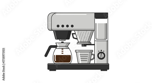 Modern Grey Coffee Maker with Glass Carafe and Cup.