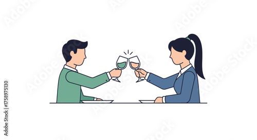 Couple toasting with wine glasses at a table celebrating together.