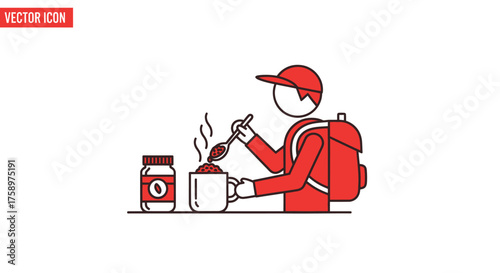 Line art illustration of a traveler eating from a mug with a spoon wearing a backpack and cap.