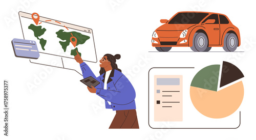 Person using a tablet, examining global map with location markers, orange car, pie chart, and document panel. Ideal for logistics, delivery, business strategy, travel data analysis navigation