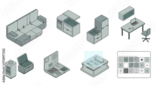 Modular furniture components showing a configurable living space and workstation illustrating space-saving design and adaptable interiors.