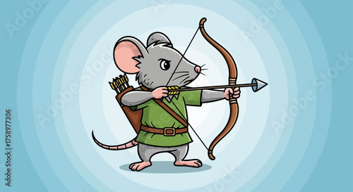 mouse archer aiming arrow embodying courage and medieval adventure against a swirling background ideal for childrens books and fantasy games.