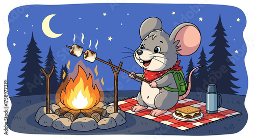Mouse roasting marshmallows over campfire under starry night sky enjoying camping scene for childrens book illustration promoting outdoor adventure