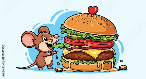 Mouse eating burger illustration a cute cartoon mouse enjoying a delicious burger with fresh ingredients perfect for childrens books and food blogs