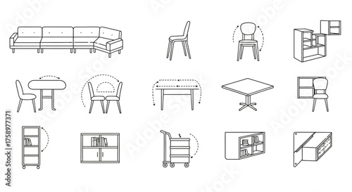 furniture icons a collection of line drawings of modern sofas chairs tables and storage units ideal for interior design and home decor projects