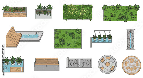 garden design plan showcasing sustainable urban landscaping elements including green walls water features and planters ideal for architectural renderings
