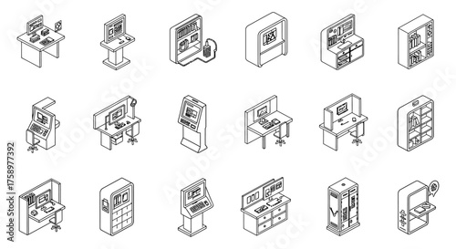 isometric workstation innovative kiosks  workstations offer digital services for modern solutions perfect for illustrating tech-driven customer service systems
