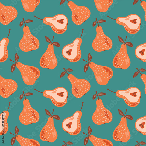 Seamless pattern with pear on color background. Natural delicious fresh ripe tasty fruit. Sweet pears with leaves. Food concept. Vector illustration for print, fabric, textile.