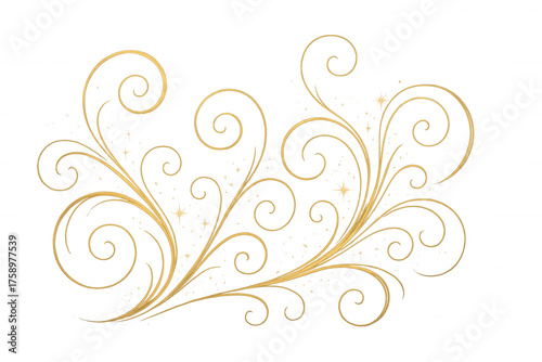 Golden ornamental swirl with decorative flourish and sparkling filigree element, transparent background