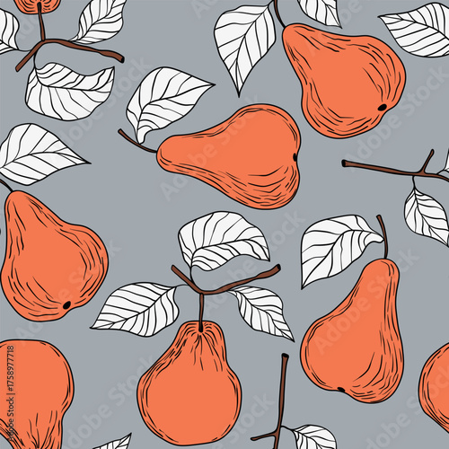 Seamless pattern with pear on color background. Natural delicious fresh ripe tasty fruit. Sweet pears with leaves. Food concept. Vector illustration for print, fabric, textile.