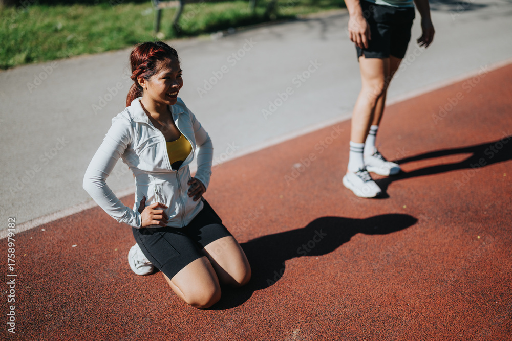 Fototapeta premium Two athletes enjoying an outdoor exercise session on a sunny track, representing diversity. The image captures their enthusiasm, teamwork, and fitness dedication in a vibrant outdoor environment.