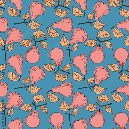 Seamless pattern with pear on color background. Natural delicious fresh ripe tasty fruit. Sweet pears with leaves. Food concept. Vector illustration for print, fabric, textile.
