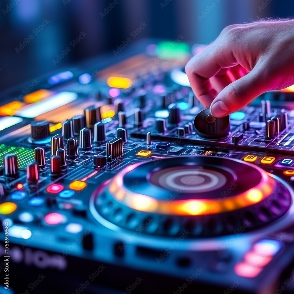 Naklejka premium DJ Mixer in Action Hand Adjusting Controls, Neon Lights , Music, Mixing