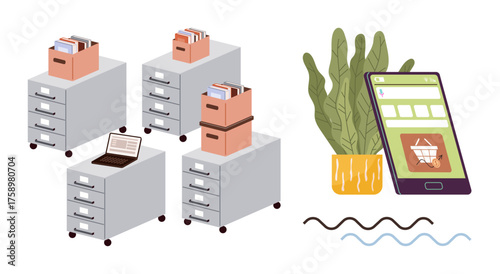 Filing cabinets stacked with folders, laptop, smartphone displaying e-commerce app, potted plant. Ideal for business, organization, digital transformation, workflow efficiency, productivity data