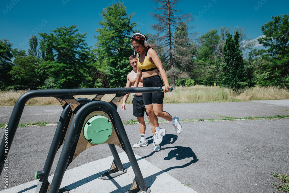 Obraz premium People engage in a fitness activity outdoors, utilizing equipment in a park. The setting emphasizes a healthy and active lifestyle surrounded by nature, promoting well-being and the joy of exercise.