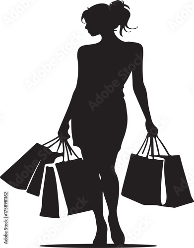 Silhouette of Woman with Shopping Bags in Short Dress Stylish Female Consumer Retail Black Figure Isolated on Transparent Background for Creative Designs