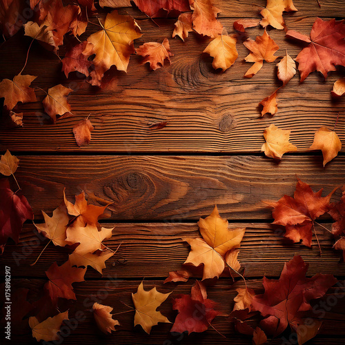 AI generated autumn leaves on rustic wooden table with warm tones