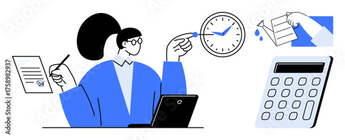 Woman juggling work tasks with clock, paper, calculator, and laptop. Ideal for productivity, time management, financial planning, work-life balance, multitasking business strategy career