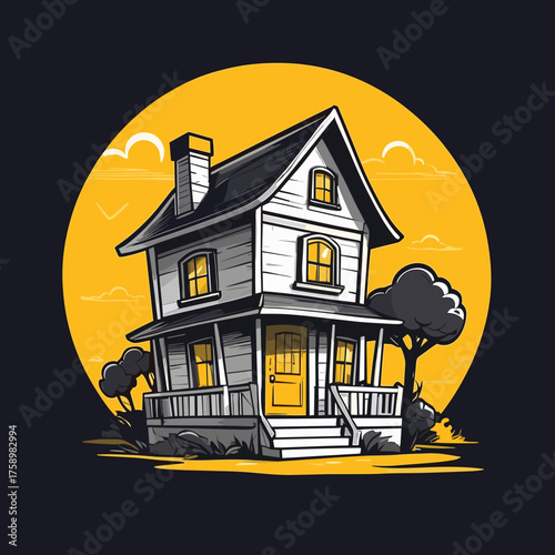 Halloween House illustration in vintage style with yellow background and trees  