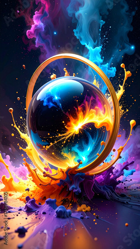 Liquid Glass Planet with Floating Golden Rings. Vertical Astral Space Background. Generated Image