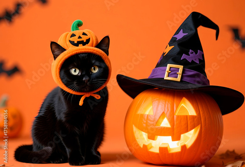 halloween pumpkin with hat and a black cat in a pumpkin cap on an orange background