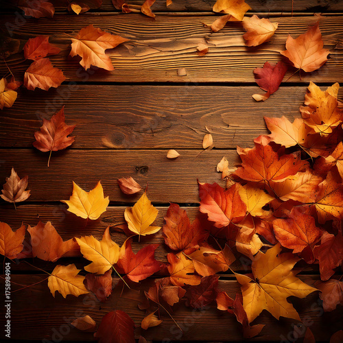 AI generated autumn leaves on rustic wooden background with warm light