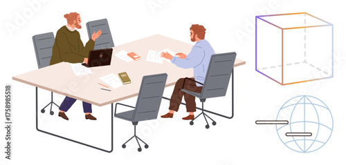 Two colleagues collaborate over papers and a laptop at a modern office table, with abstract cube and globe graphics nearby. Ideal for teamwork, brainstorming, technology, innovation, creativity