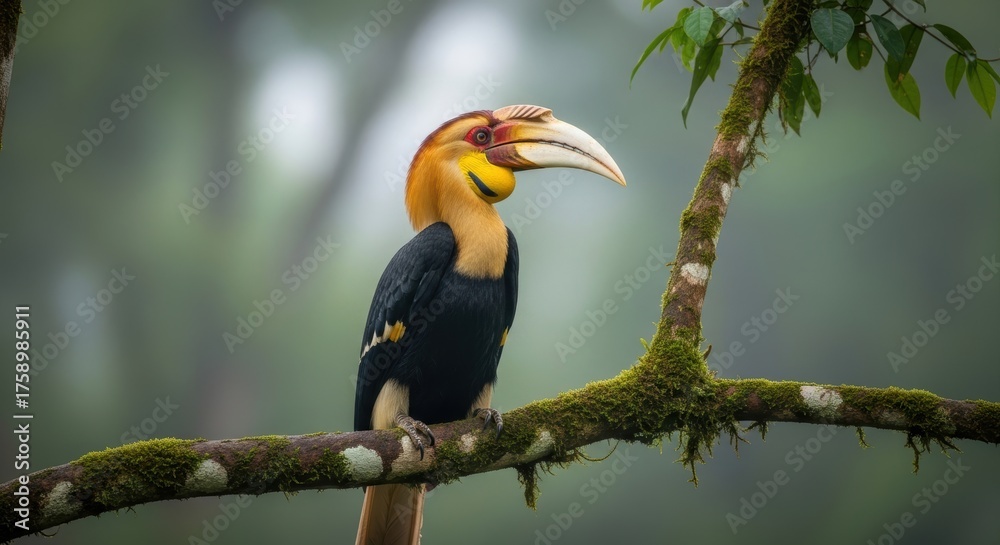 Obraz premium Majestic rhinoceros hornbill perched on mossy branch in misty forest