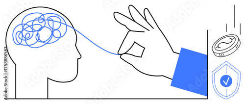 Hand untangling chaotic thoughts in a human head, coin dropping, shield with checkmark. Ideal for mental clarity, problem-solving, decision-making, financial planning, mindfulness, innovation focus
