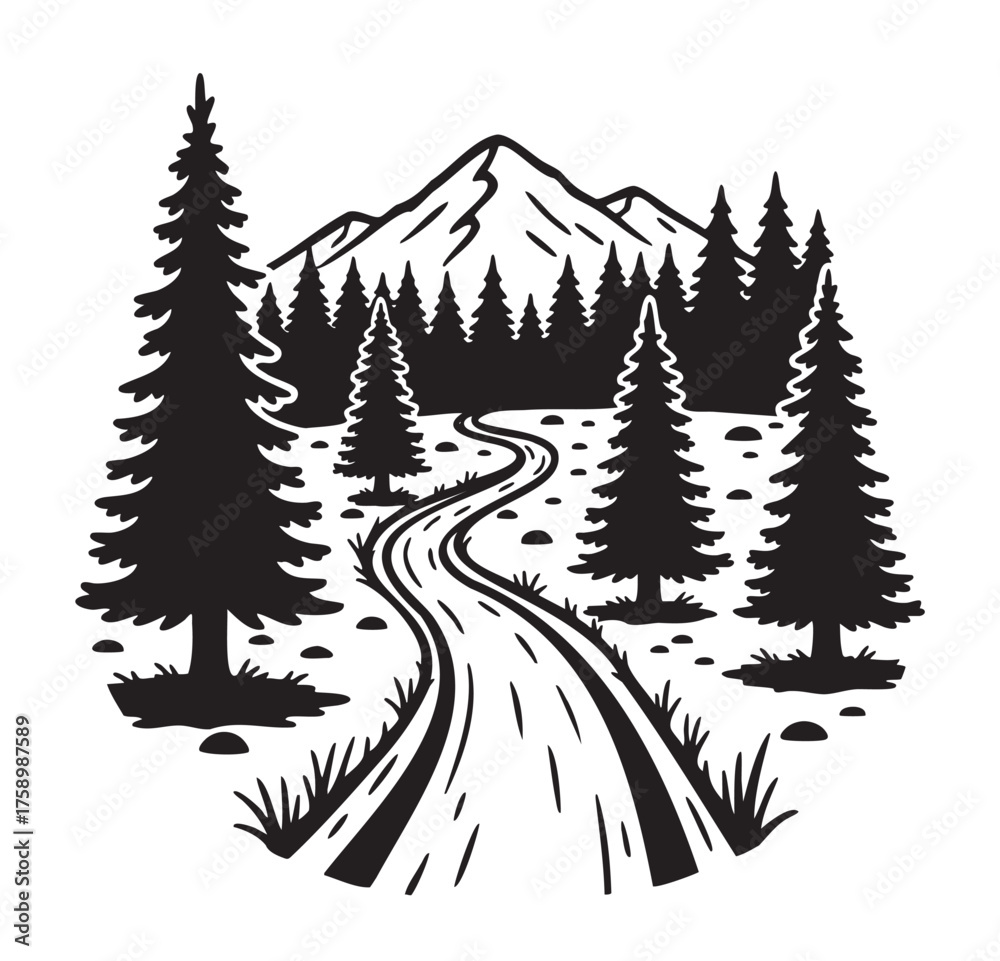 Obraz premium Black silhouette of a winding forest path lined with tall pine trees, leading towards distant mountains.