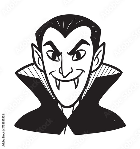 Black and white illustration of a cartoon vampire with sharp fangs and an exaggerated collar, displaying a mischievous grin.