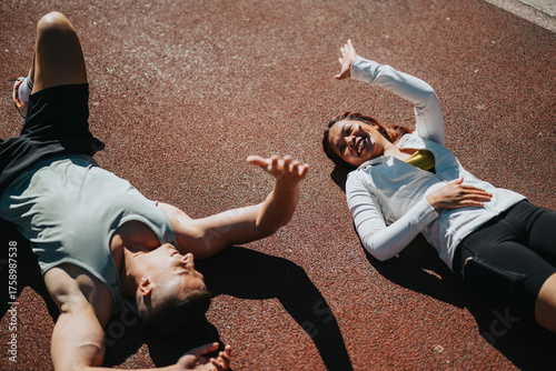 Fotografia A diverse pair of athletes laughing while lying on a track after exercising, signifying camaraderie, relaxation, and fitness