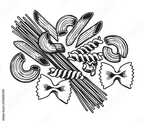Black and white sketch of various pasta types, including spaghetti, penne, fusilli, farfalle, and macaroni, arranged in an artistic cluster.