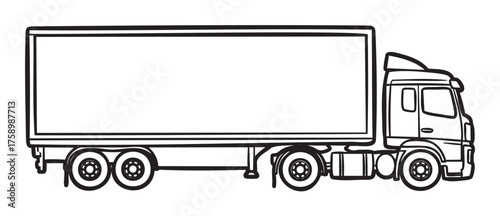 Black outline drawing of a large semi-truck with a rectangular cargo trailer, showcasing its side profile in a minimalist style.