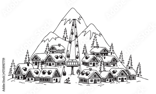 Black outline illustration of a scenic mountain village with ski lifts and snow-covered chalet-style houses amidst pine trees.