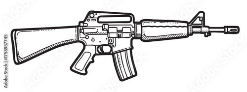 Black outline drawing of a detailed assault rifle with a long barrel and stock, featuring intricate components and mechanical parts.