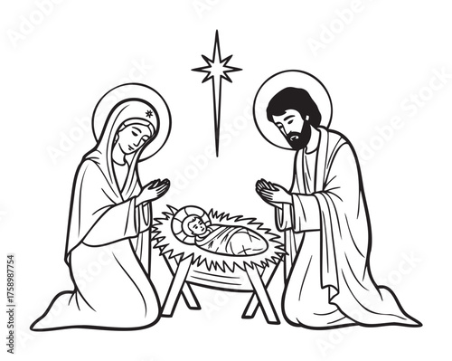 Black outline drawing depicting a religious nativity scene with a baby in a manger and two adults in prayer.