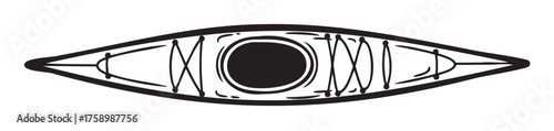 Black outline illustration of a simple single-seat kayak viewed from above, showcasing its narrow, elongated shape and central cockpit area.