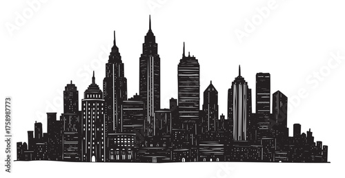 Detailed black silhouette of a city skyline featuring various skyscrapers and buildings with distinct architectural styles.