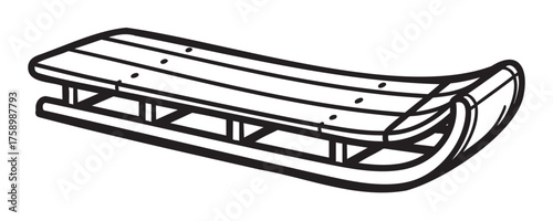 Black outline drawing of a traditional wooden sled with curved metal runners and slatted seat design.