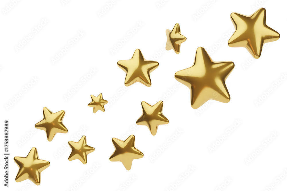 Fototapeta premium Shimmering golden stars drift across a white background, evoking dreams and celestial wonder.