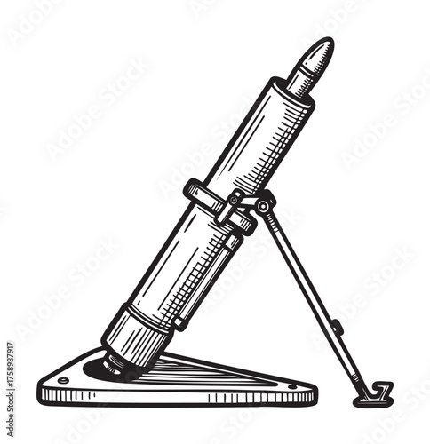 Black outline drawing of a vintage cannon artillery on wheels with intricate mechanical details and shading.