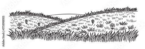Black outline of a grassy landscape with rolling hills and scattered flowers, depicting a simple nature scene.
