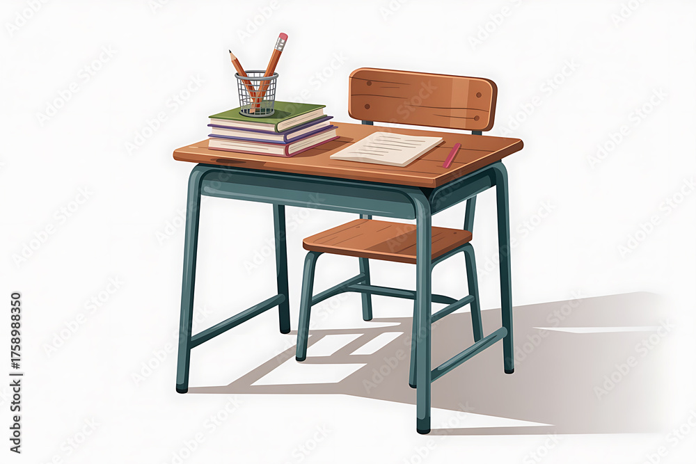 Fototapeta premium A wooden desk and chair set, stacked books, pencils, and paper create a school learning environment.
