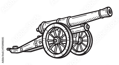 Detailed black outline drawing of a vintage cannon with wooden wheels and long barrel, angled to the left, displaying historical artillery design.