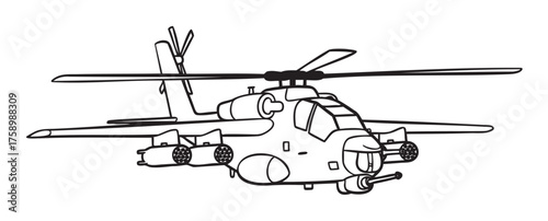 Black outline drawing of a military attack helicopter with visible rotors and weaponry, showcasing aerodynamic features and defensive equipment.