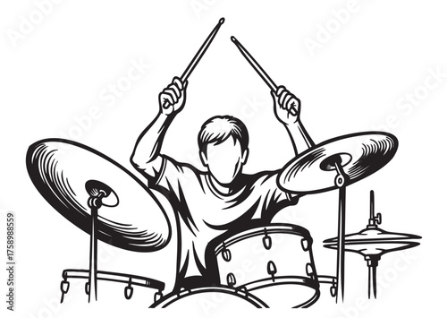 Black outline of a drummer playing a drum kit with cymbals, holding drumsticks high in the air, showcasing rhythm and musical engagement.