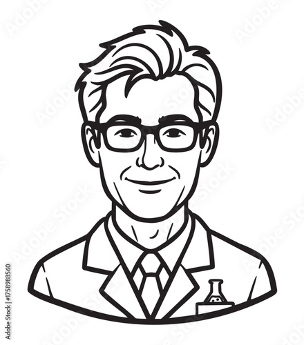 Black outline drawing of a caucasian male adult scientist in a lab coat with glasses, smiling, and wearing a tie, featuring a laboratory flask emblem.