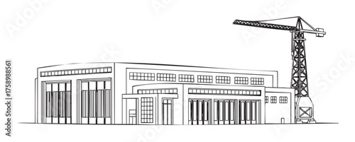 Black outline drawing of an industrial building with large windows and an adjacent tall crane, showcasing architectural and construction elements.